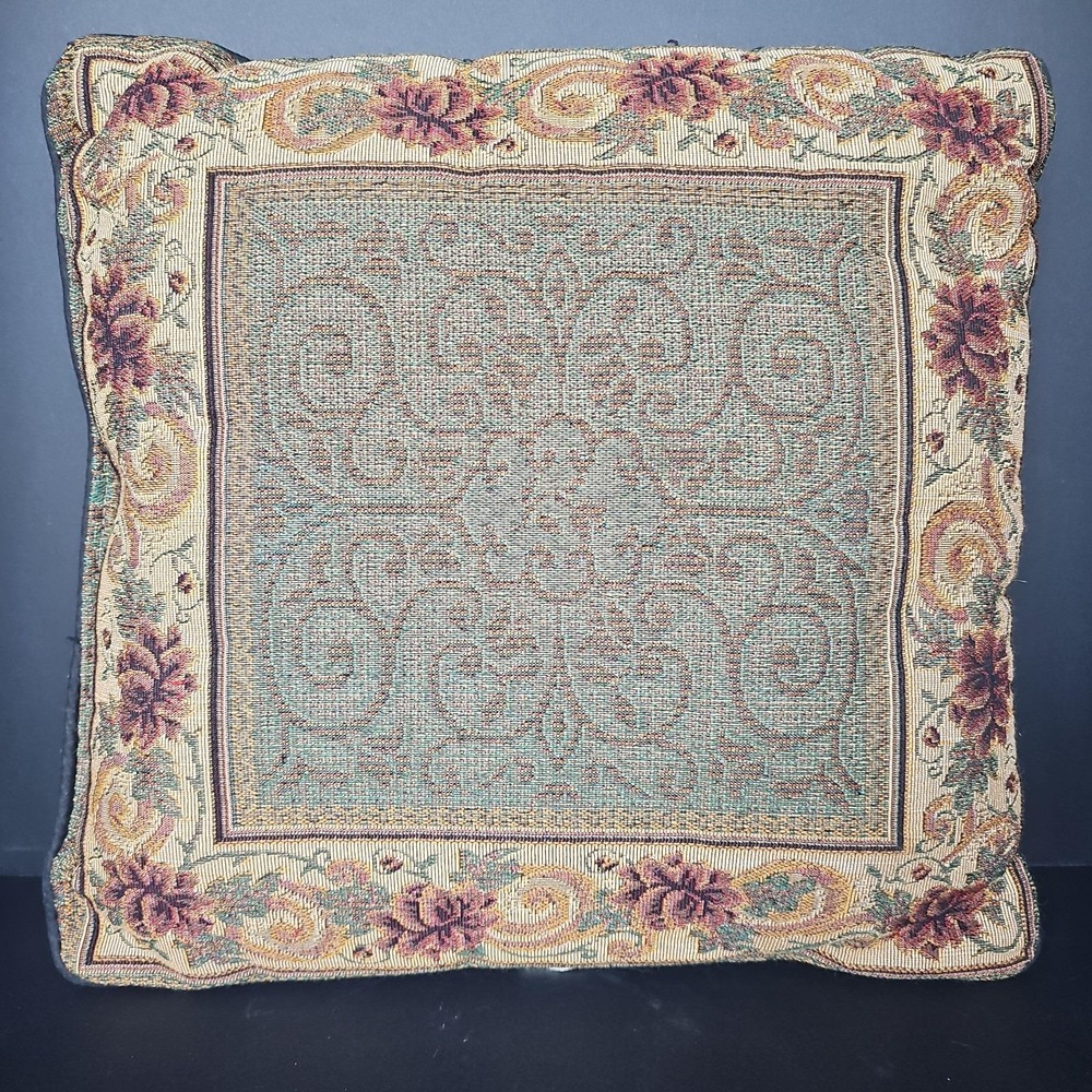 Vintage Floral Tapestry Square Throw Pillow Green Beige Burgundy Piped  Edges